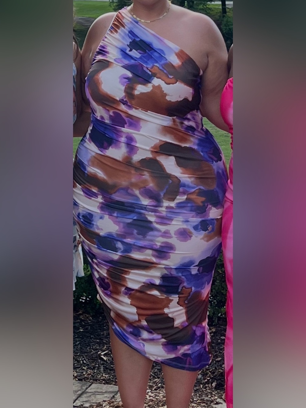 Eloquii One-Shoulder Abstract Print Pencil Skirt in Purple and Brown